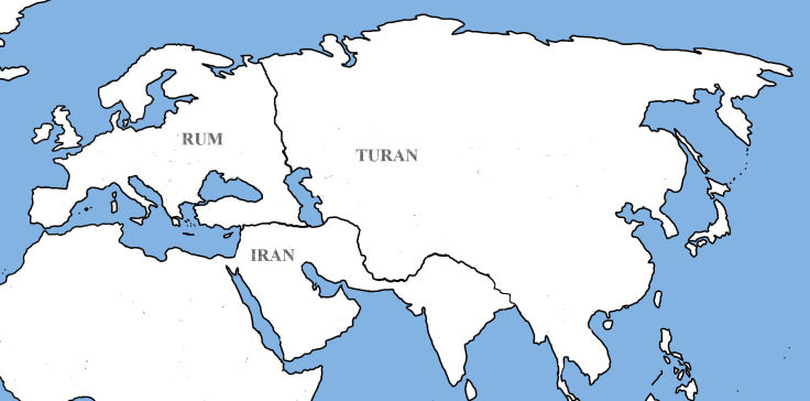 Approximation of King Feraydun’s division of the world based upon post-cataclysm geography.
